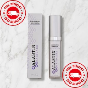 May include: A light gray Alastin Skincare Regenerating Skin Nectar box and a matching cylindrical bottle with a silver cap. Both items feature the brand name, product name, TriHex Technology text, and a purple hexagonal molecule graphic. 1.0 Fl. Oz. 29.6 mL.
