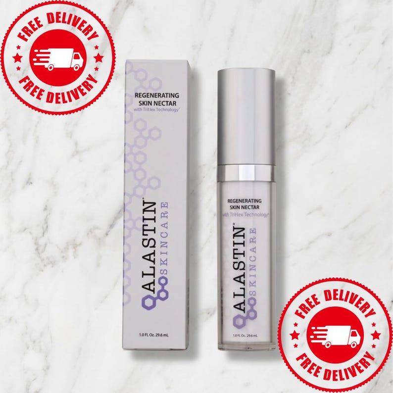May include: A light gray Alastin Skincare Regenerating Skin Nectar box and a matching cylindrical bottle with a silver cap. Both items feature the brand name, product name, TriHex Technology text, and a purple hexagonal molecule graphic. 1.0 Fl. Oz. 29.6 mL.