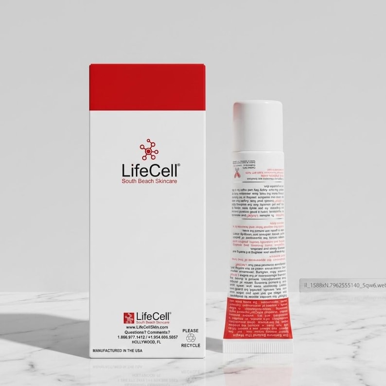 May include: A white rectangular skincare box with a red top section and the LifeCell South Beach Skincare logo, alongside a white squeeze tube with red text and a white cap. The box displays contact information and a recycle symbol.