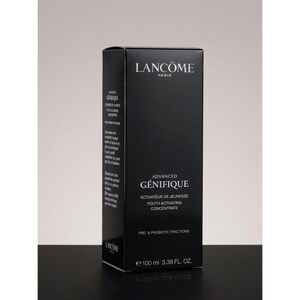 May include: A black rectangular skincare product box labeled Lanc&ocirc;me Paris Advanced G&eacute;nifique Youth Activating Concentrate. The front displays white text including Pre- & Probiotic Fractions and the volume 100 ml 3.38 FL. OZ. in a vertical orientation.
