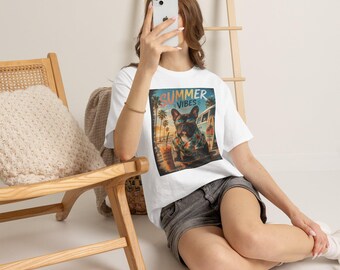 Summer Vibes Französische Bulldogge T-Shirt | Retro Strand Palmen