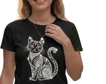 Elegantes silbernes Katzen-Silhouette-Shirt, Glitzer-Tierliebhabergeschenk