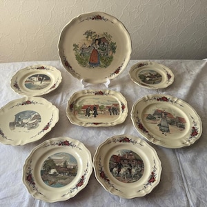 Juego de servir vintage Sarreguemines Obernai de la década de 1940, fuente y platos de loza francesa, decoración de mesa con escena campestre de Alsacia, juego de 7 piezas.