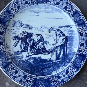 Vintage Delft Blue Wall Plate Les Glaneuses by Millet Boch Royal Sphinx Holland 13 inch Large Ceramic Decorative Charger Collection