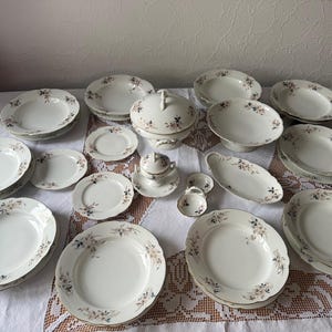 May include: A large collection of white ceramic dinnerware featuring a delicate floral pattern with brown and blue accents. The set includes various sizes of plates, a lidded tureen, a gravy boat, a small lidded sugar bowl, and two small dishes.