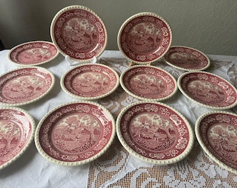 Set di 12 piatti piani Villeroy & Boch Rusticana rossi da 26,3 cm, stoviglie vintage Mettlach in ceramica tedesca con decorazione transfer, in perfette condizioni.