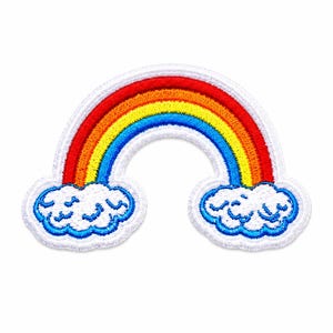 May include: An embroidered patch featuring a colourful rainbow arching between two white clouds with blue outlines. The rainbow consists of distinct bands of red, orange, yellow, green, and blue thread, all set against a white fabric background.