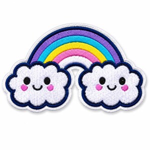 May include: An embroidered patch featuring a colourful rainbow arching between two white clouds. Each cloud has a smiling face with black eyes, a curved mouth, and pink circular cheeks. The entire design is outlined in a dark blue thread border.