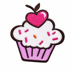 May include: A cupcake-shaped embroidered patch featuring a light purple base, white frosting, and pink and orange sprinkles. A bright pink heart with a small brown stem and leaf sits on top of the frosting, all outlined in a dark brown thread border.
