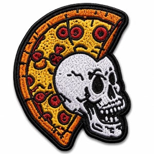 May include: An embroidered patch featuring a white skull with black detailing and a mohawk hairstyle made from a slice of pepperoni pizza. The pizza slice has a golden yellow crust, yellow cheese, and red pepperoni circles, all outlined in black.