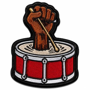 Embroidered Hand Drum Patch | Red Snare Music Instrument Badge | Biker Vest Apparel Customize