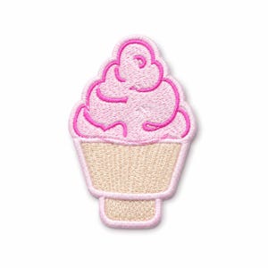 May include: An embroidered patch in the shape of a soft serve ice cream cone. The top portion features light pink thread with darker pink outlines for the swirl detail, while the bottom cone section is stitched in a light tan thread color.