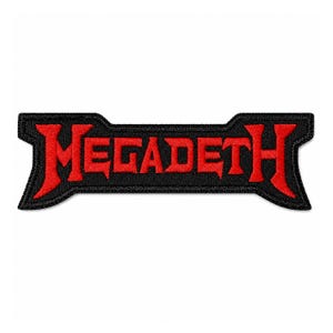 May include: A rectangular embroidered patch with a black background and a red border. The word MEGADETH is stitched in red capital letters across the centre. The patch features a distinct angular shape with pointed ends on the left and right sides.