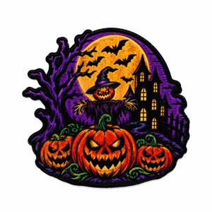 May include: A circular embroidered patch featuring a Halloween scene with three orange jack-o'-lanterns in the foreground. Behind them stands a scarecrow with a pumpkin head, a dark purple tree, a haunted house, and a large yellow moon with bats.