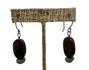 Burned Wood Oval & Rock Earrings