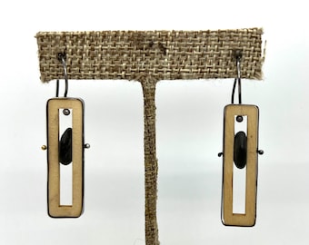 Wood Rectangle & Rock Earrings