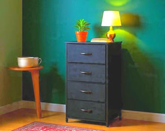 Black 4 Drawer Fabric Dresser | Small Bedroom Chest with Steel Frame | Modern Storage Tower for Closet.