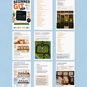 May include: A digital guide titled Beginner Git Guide featuring nine pages of technical documentation. The content includes a table of contents, setup instructions, workflow diagrams, and command-line explanations for version control systems.