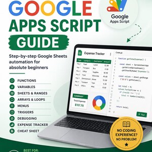 Puede incluir: Una gu&iacute;a digital titulada Beginner Google Apps Script Guide de RAS Digital Shop. La portada muestra un port&aacute;til con un rastreador de gastos de Google Sheets y c&oacute;digo, junto a temas como funciones, variables y disparadores.