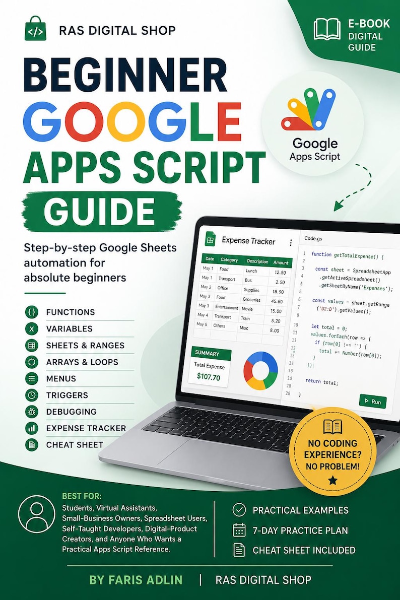 Puede incluir: Una gu&iacute;a digital titulada Beginner Google Apps Script Guide de RAS Digital Shop. La portada muestra un port&aacute;til con un rastreador de gastos de Google Sheets y c&oacute;digo, junto a temas como funciones, variables y disparadores.
