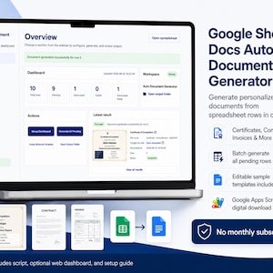Puede incluir: Una pantalla de portátil que muestra el panel de control Auto Document Generator para Google Sheets y Docs. La interfaz muestra una visión general, ajustes y carpetas de salida. El texto incluye Google Sheets & Docs Auto Document Generator.
