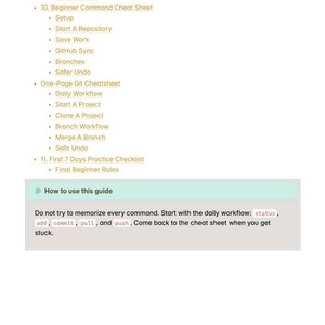 May include: A digital document titled Beginner Command Cheat Sheet and One-Page Git Cheatsheet. It lists common Git commands and errors, including fatal: not a git repository, merge conflict, and a guide box titled How to use this guide.