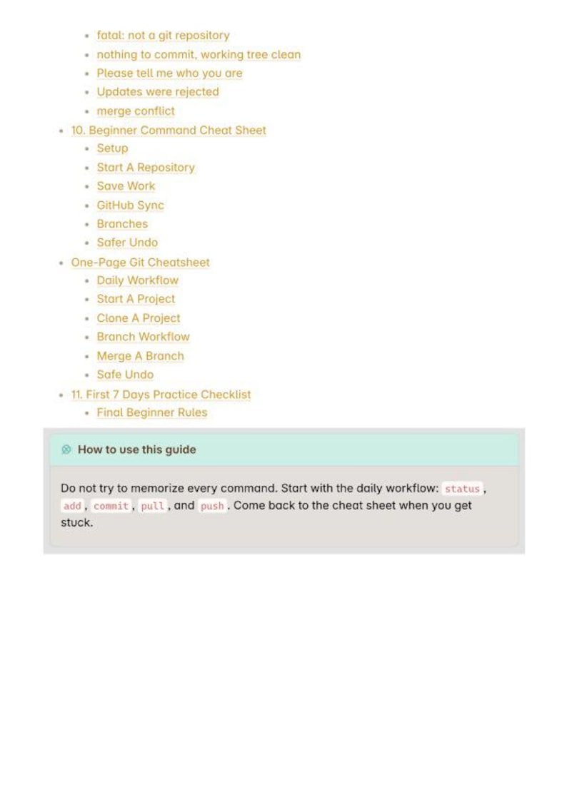 May include: A digital document titled Beginner Command Cheat Sheet and One-Page Git Cheatsheet. It lists common Git commands and errors, including fatal: not a git repository, merge conflict, and a guide box titled How to use this guide.