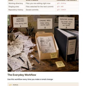May include: An educational infographic titled The Basic Git Workflow, featuring a table of Git zones and commands, followed by a visual metaphor of a messy drawing table, a folder labeled Staging Area, and a black binder labeled Repository History.