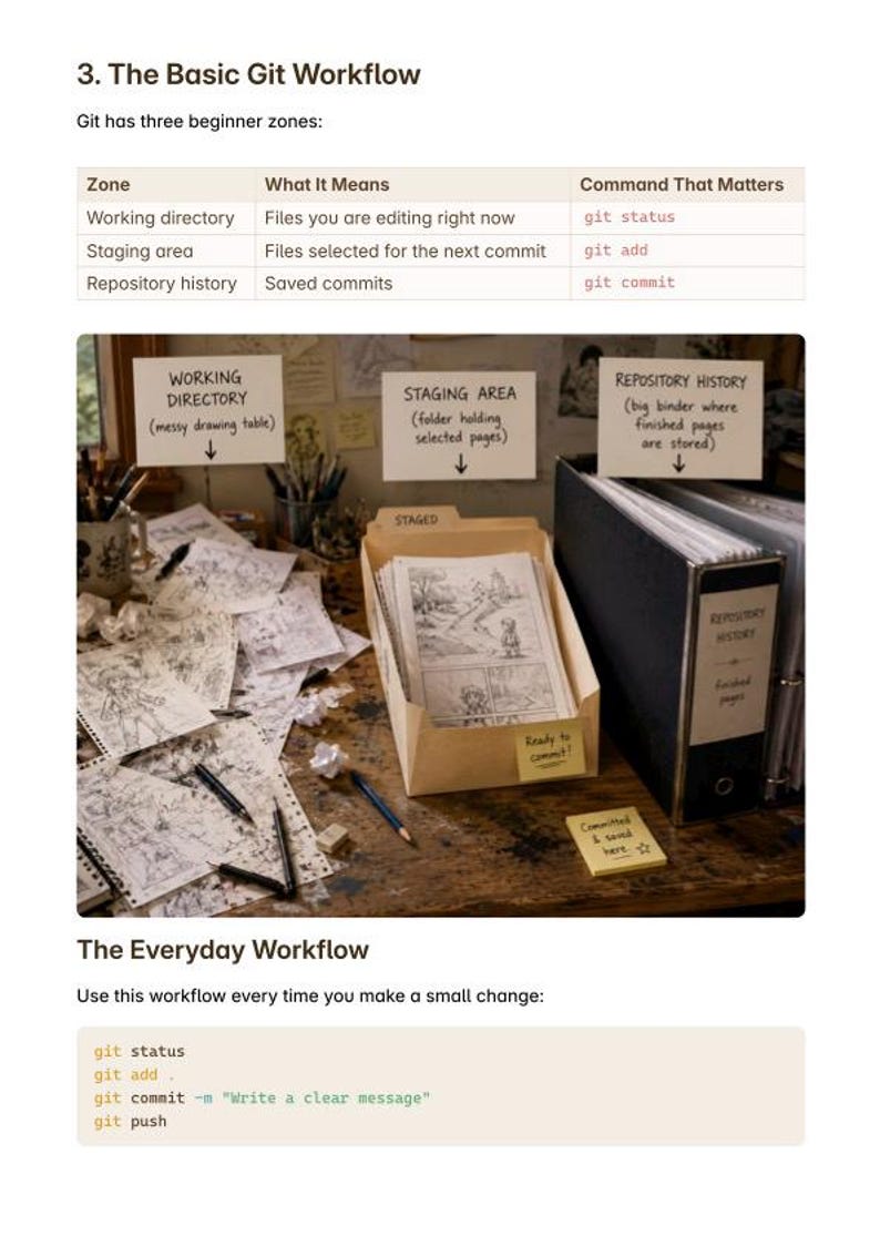 May include: An educational infographic titled The Basic Git Workflow, featuring a table of Git zones and commands, followed by a visual metaphor of a messy drawing table, a folder labeled Staging Area, and a black binder labeled Repository History.