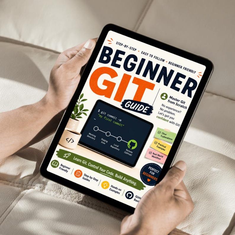 May include: A digital tablet displaying a Beginner Git Guide cover with bold text, a diagram showing the git commit process, and various icons. The layout includes sections for step-by-step instructions, practical examples, and workflow explanations.