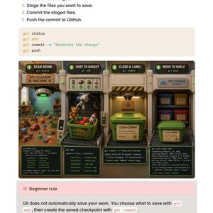 May include: An educational infographic titled The Core Idea explaining Git workflows. It features a diagram of a toy cleanup machine with four stations labeled Scan Room, Sort to Basket, Close & Label, and Move to Shelf, alongside terminal command outputs.