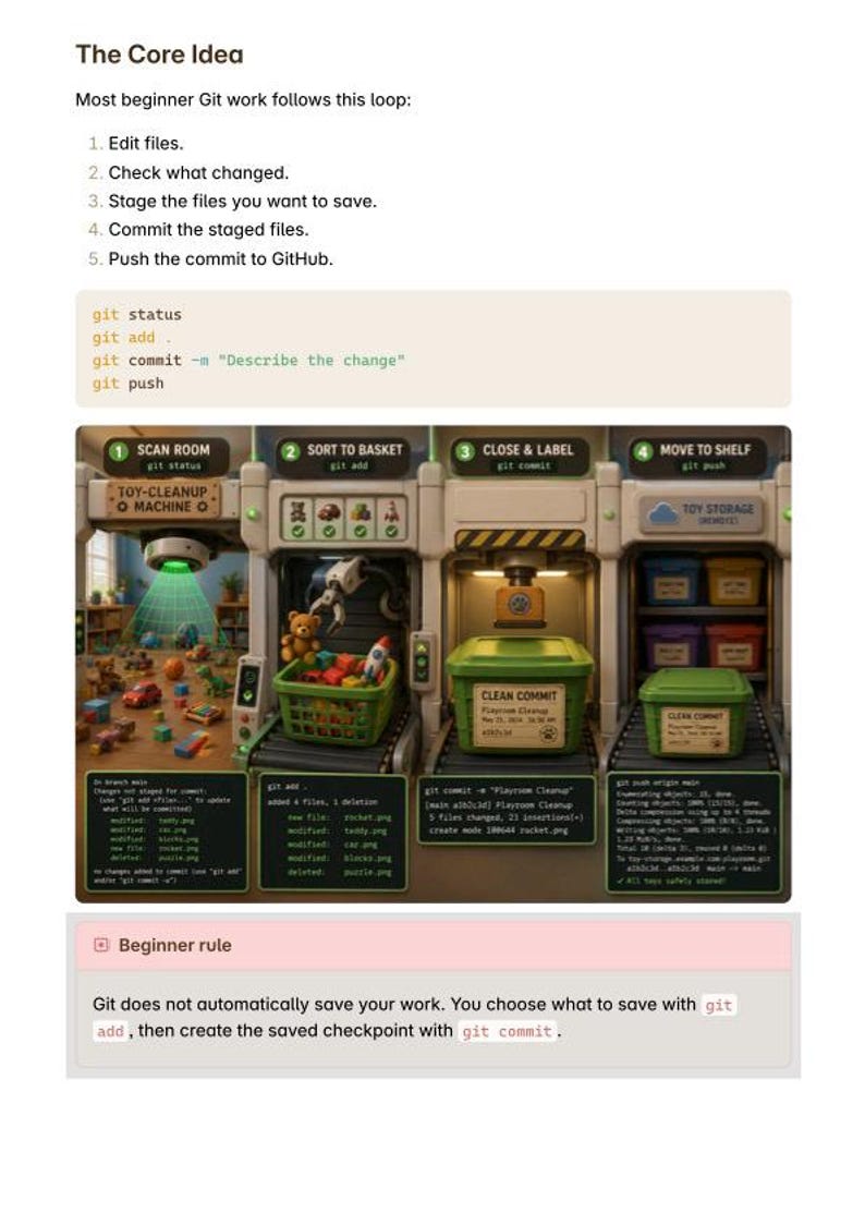 May include: An educational infographic titled The Core Idea explaining Git workflows. It features a diagram of a toy cleanup machine with four stations labeled Scan Room, Sort to Basket, Close & Label, and Move to Shelf, alongside terminal command outputs.