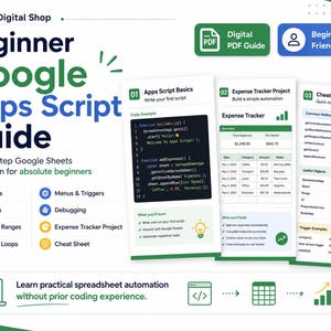 Puede incluir: Una gu&iacute;a digital en PDF titulada Beginner Google Apps Script Guide para la automatizaci&oacute;n de Google Sheets. Incluye tres p&aacute;ginas verticales que muestran ejemplos de c&oacute;digo, un proyecto de seguimiento de gastos y una hoja de trucos.