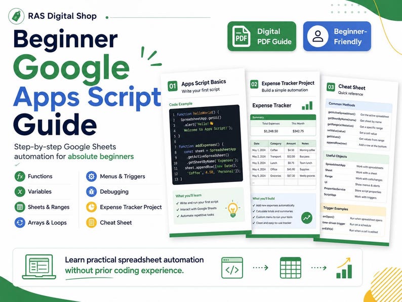 Puede incluir: Una gu&iacute;a digital en PDF titulada Beginner Google Apps Script Guide para la automatizaci&oacute;n de Google Sheets. Incluye tres p&aacute;ginas verticales que muestran ejemplos de c&oacute;digo, un proyecto de seguimiento de gastos y una hoja de trucos.