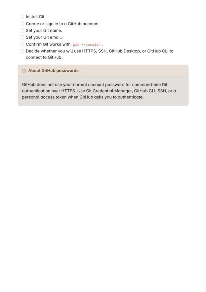 May include: A checklist with instructions to install Git, create a GitHub account, set a name and email, confirm Git with git --version, and choose a connection method. A box titled About GitHub passwords explains authentication requirements.