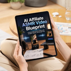 Peut inclure: Une tablette affichant le texte AI Affiliate ASMR Video Blueprint, Create simple product videos with ChatGPT, Gemini, and Google Flow, avec des images d'un smartphone sur support, un ordinateur portable, un micro et un croquis de storyboard.