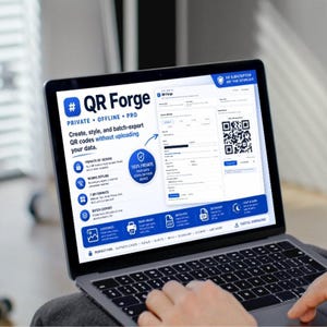 May include: A laptop screen displaying the QR Forge software interface, featuring blue and white branding. The screen shows text including QR Forge, Private, Offline, Pro, and 100% Private Your Data Stays On Your Device, alongside a QR code generator.