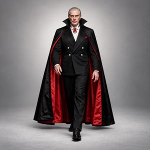 Può includere: Un completo nero doppiopetto con pantaloni abbinati, indossato con una camicia bianca a colletto, un accessorio rosso al collo e un lungo mantello nero con fodera rosso vivo e colletto alto e rigido, abbinato a scarpe eleganti nere.