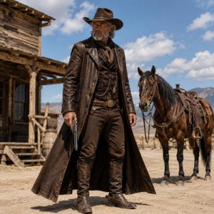 Pode incluir: Uma pessoa veste um sobretudo de couro castanho, um colete a condizer, calças escuras e um chapéu de cowboy de abas largas. O traje inclui um cinto de couro com fivela de metal, um lenço ao pescoço e botas de couro. Segura um revólver na mão.