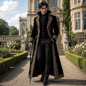 Può includere: Un lungo cappotto in velluto nero con intricati ricami dorati sui risvolti e sui polsini, indossato sopra un gilet bordeaux scuro con bottoni dorati, una camicia nera e pantaloni neri. Viene tenuto un bastone da passeggio nero con pomello dorato.