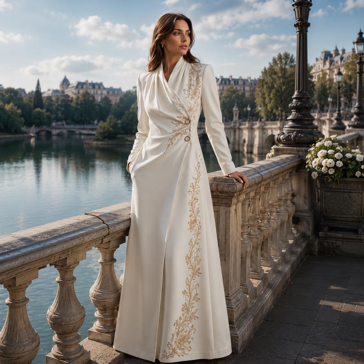 Womens Ivory Embroidered Maxi Dress: Gold Floral, Long Sleeve Formal Gown