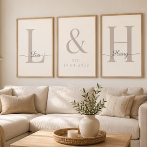 May include: Three rectangular wall art prints in light wood frames. The left print features a large letter L with the name Lisa. The center print shows an ampersand with the text EST. 14.04.2022. The right print displays a large letter H with the name Harry.