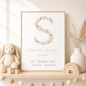 May include: A rectangular framed print featuring a large letter S formed by brown floral illustrations. Below the letter, the text reads SOPHIE MARIE TOWEY, 29TH October 2025, and 7LB 6OZ • 06:20AM in a clean, neutral-toned font on a white background.