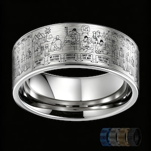 May include: A silver-toned metal ring featuring a brushed finish and detailed laser-engraved illustrations depicting life milestones. The engravings include scenes of a house, family, and text banners reading Our First Home, We Stood Together, Family Is Forever, Baby On The Way, and Our Future Together.