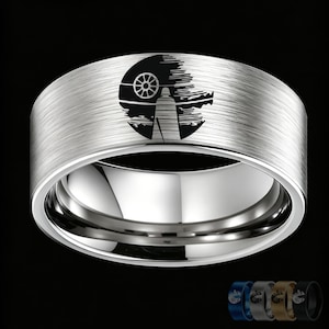 Engraved Space Battle Wedding Ring, Death Star Engagement Wedding Ring, Wars Movie Ring, Star Battle Ring, Star Ship Wedding Band