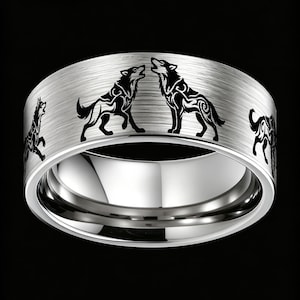 Engraved Wolf Couple Ring,Tungsten Ring,Wolf Pack Ring,Alpha Wolf Family Wedding Band,Howling Wolves Wedding Ring,Hard Engraved Wolf Jewelry