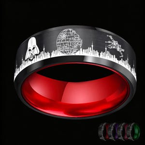 Engraved Space Battle Wedding Ring, Death Star Engagement Wedding Ring, Wars Movie Ring, Star Battle Ring, Star Ship Wedding Band