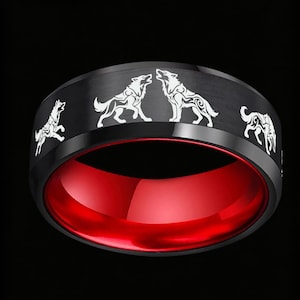 Engraved Wolf Couple Ring,Tungsten Ring,Wolf Pack Ring,Alpha Wolf Family Wedding Band,Howling Wolves Wedding Ring,Hard Engraved Wolf Jewelry