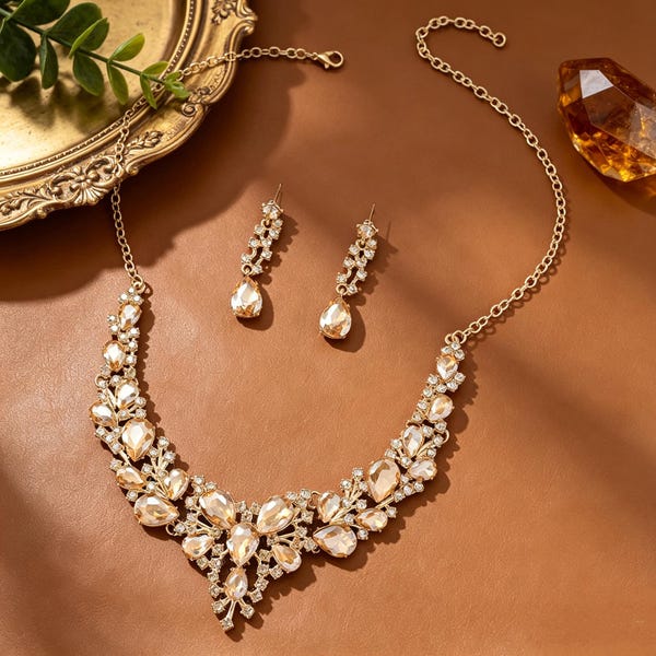 Champagne Crystal Statement Necklace Earrings Set for Brides Wedding Guest Luxury Gift Boxed Jewelry