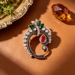 May include: A gold-toned metal brooch featuring a curved, paisley-inspired shape adorned with clear white rhinestones, small black stones, three marquise-cut green stones at the top, and a single pear-shaped red stone set in the center.
